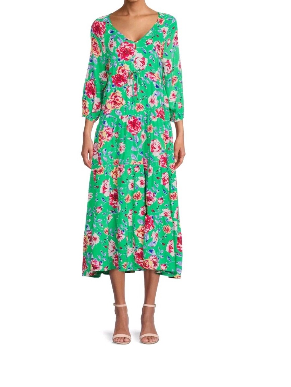 The Pioneer Woman Green Floral V-Neck Maxi Dress with Pink Roses